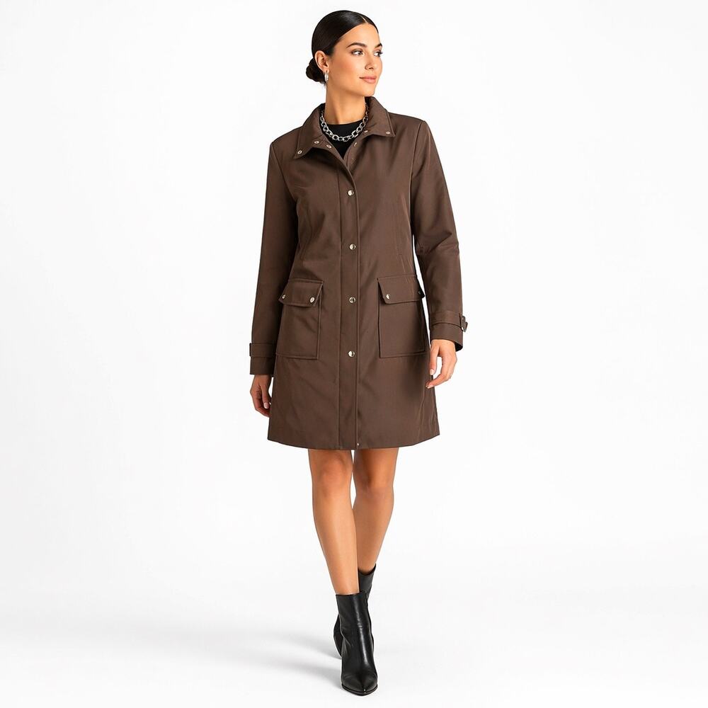 Michael Kors Brown Soft Shell Coat Womens M Minimalist Rain Jacket Snap Zip Mid
